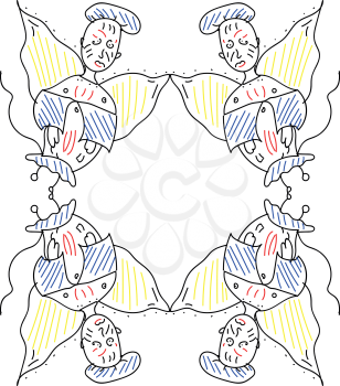 A cartoon frame of four angles with two of them inverted at the bottom wearing blue and red clothing having yellow wings and blue cap vector color drawing or illustration 