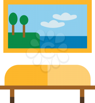 A large framed picture of a landscape scenery hung on the wall of the living room over the yellow couch vector color drawing or illustration 