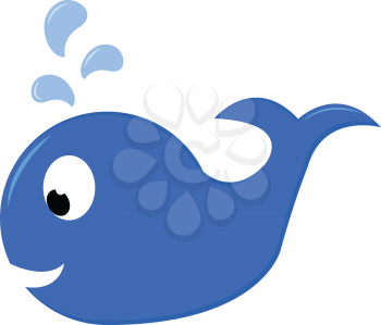 A deep blue whale swimming in the ocean has big black eyes and squirting water from the snout vector color drawing or illustration 