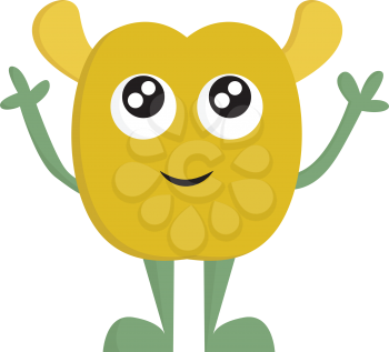 A happy small yellow monster having big eyes two ears two green hands and green legs vector color drawing or illustration 