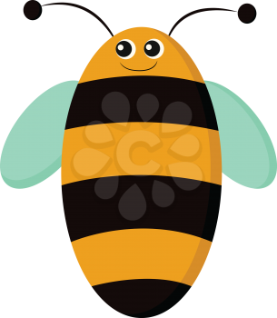 An oval-shaped bee having black and yellow stripes blue wings and two antennae with a smiling face vector color drawing or illustration 