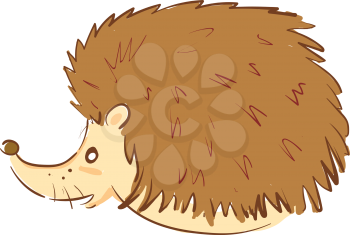 A fluffy brown hedgehog turned to the right side is with three whiskers vector color drawing or illustration 