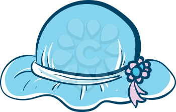 A pretty blue hat with two blue and pink flowers attached to the side of the hat vector color drawing or illustration 