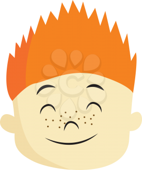 A boy with orange spiked hair and freckles on the face is closing his eyes and smiling vector color drawing or illustration 
