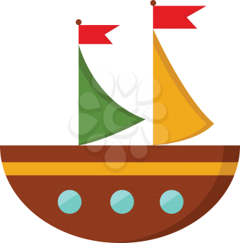 A brown semicircular boat which one green and yellow sail with two red flags on the sails and three circular blue windows vector color drawing or illustration 
