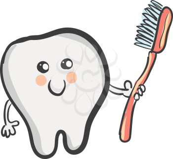 A cartoon tooth that looks so cute with a smiley face holds a red toothbrush with blue bristles vector color drawing or illustration 