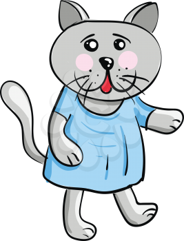 A grey cat wearing a blue dress and walking upright vector color drawing or illustration 