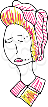 Sad Chinese woman having pink and yellow hair and dress with eyes closed vector color drawing or illustration 