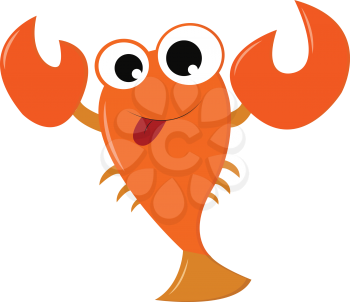 An orange crawfish with big eyes two claws and six tentacles is swimming in the ocean vector color drawing or illustration 