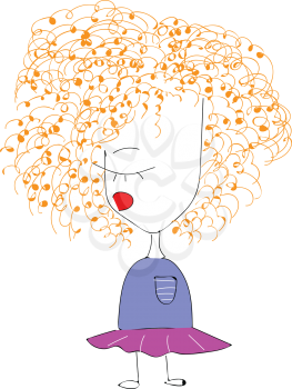 A child with orange curly hair purple dress standing straight vector color drawing or illustration 