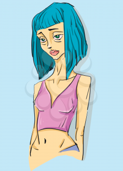 Portrait of a lady with blue dyed hair blue eyes wearing a pink sleeveless top with a sad look on the face vector color drawing or illustration 