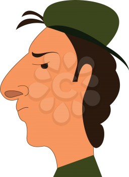 The side view of a man wearing a military green hat vector color drawing or illustration 