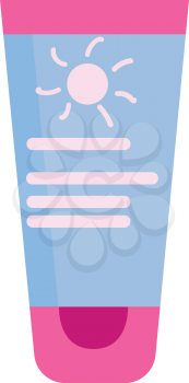 A multi-colored sunscreen lotion in pink blue and white colors stands with the cap resting on the surface or table vector color drawing or illustration 