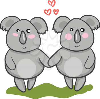 Two cartoons Koalas holding hands as they stand in a green grassland symbolizes love vector color drawing or illustration 