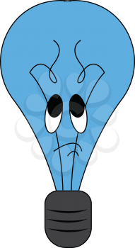 A tragic blue-colored cartoon light bulb expressing sadness has black-colored contact wires coiled towards one end vector color drawing or illustration 