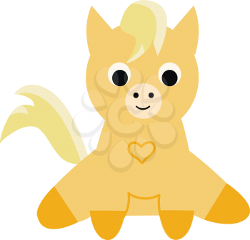 A yellow-colored cute little poni is smiling and has a heart printed in its costume vector color drawing or illustration 