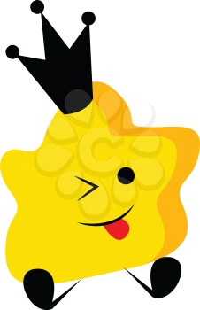 A yellow-colored cute little queen star is wearing a black-colored crown with its tongue hanging out while sitting vector color drawing or illustration 