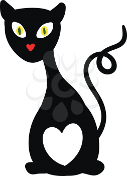 A black cat with fluorescent eyes heart-shaped lips and printed with a white-colored heart symbol in its black costume symbolizes love vector color drawing or illustration 