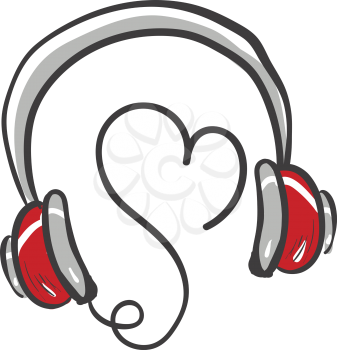 A love music headphone with a heart-shaped wire that is coiled and is in a lovely grey and red combination vector color drawing or illustration 
