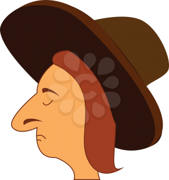 A man with a brown-colored hat expresses sadness while his eyes closed and have a big unpointed nose vector color drawing or illustration 