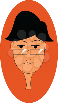 A portrait of a boy wearing glasses expresses sadness over an oval-shaped orange background vector color drawing or illustration 
