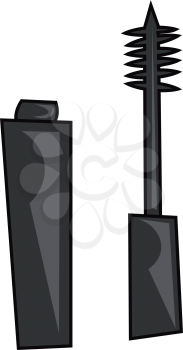 A rectangular-shaped black-colored mascara with a brush fitted to a lid is left open vector color drawing or illustration 