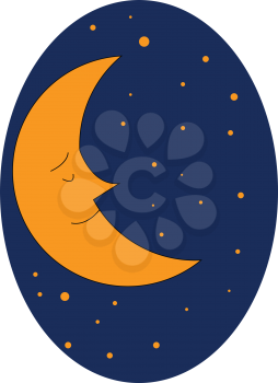 Brown-colored cartoon moon with sharp nose dreams while sleeping and appears against a dark-blue background with brown dots vector color drawing or illustration 