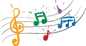 Cartoon multi-colored musical notes in red yellow blue green and purple colors vector color drawing or illustration 