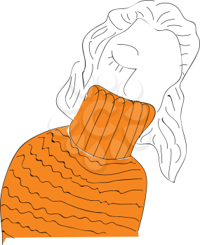 Art of a one-eyed cute little cartoon girl dressed in her orange sweater winter clothes vector color drawing or illustration 