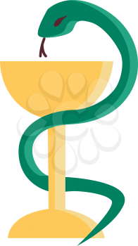A green serpent coiled to yellow-colored champagne glassware is about to taste the drink filled in it vector color drawing or illustration 