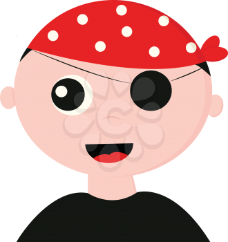 A handsome looking pirate dressed in black t-shirt wears a red bandana with white polka design and covered one of his eyes with a patch is laughing vector color drawing or illustration 