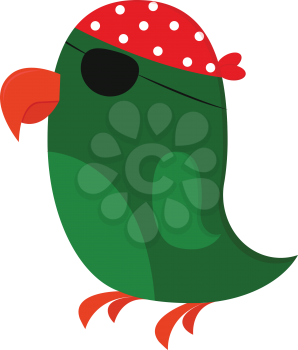 Clipart of a green pirate's parrot with a big curved orange bill and feet wears an orange turban printed with white polka design and a patch in one of its eyes vector color drawing or illustration 