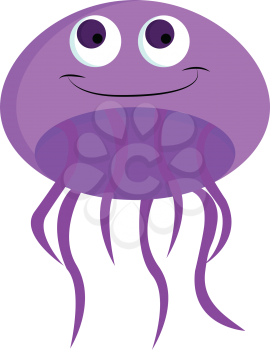 A smiling purple-colored cartoon jellyfish with umbrella-shaped bells bulging eyes and trailing tentacles vector color drawing or illustration 