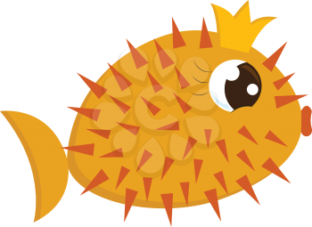 Cartoon of a gorgeous yellow queen fish-hedgehog with orange spines all over their circular-shaped body and a crescent-shaped tail with beautiful eyelashes and wears a crown vector color drawing or illustration 