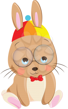 Cartoon of a brown rabbit with a colorful hat with two bulging eyes and a red bow in its dress express sadness vector color drawing or illustration 