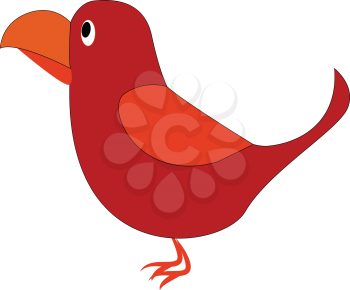 A cute little red-colored cartoon bird has an oval-shaped body thin feet and big orange-colored curved bill vector color drawing or illustration 