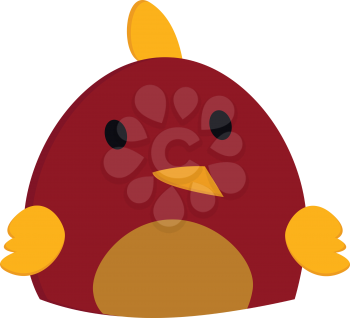 The face of a cute little red-colored cartoon bird with triangular-shaped yellow colored nose crest and wings looks unhappy vector color drawing or illustration 