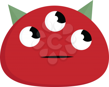 A red-colored monster has a dome-shaped body three eyes with pot-like black eyeballs and two green horns is planning about the next move vector color drawing or illustration 
