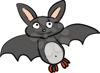 A cartoon grey-colored bat with rose-colored ears and its wings opened expresses sadness vector color drawing or illustration 