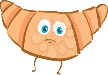 A brown-colored cartoon croissant of a crescent-shaped roll has blue eyeballs and two legs express sadness vector color drawing or illustration 