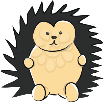 A brown-colored cartoon hedgehog with black-colored spiky hairs expresses sadness while in a sitting posture vector color drawing or illustration 