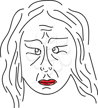 A line art portrait of a sad old woman with wrinkles all over her face eyeballs in different positions and her big lips painted in red vector color drawing or illustration 