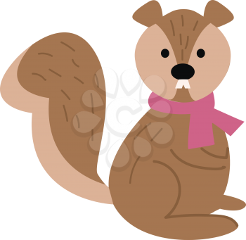 A cute little cartoon squirrel in shades of brown color is wearing a rose-colored scarf around its neck and has two white teeth protruded outside gives a strange look while in a seated position vector color drawing or illustration 