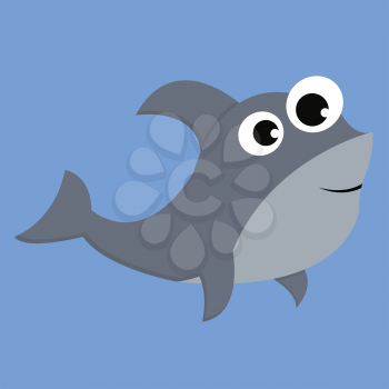 Grey-colored cartoon shark over blue background with bulging eyes with fins curved backward is smiling vector color drawing or illustration 
