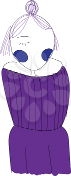 Line art of a short-haired girl in a purple-colored sweater with her one eye closed has folded her hands behind looks sad and is in a stylish hairstyle vector color drawing or illustration 