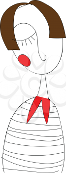 Line art of a short-haired girl in a white-colored t-shirt with red designs close to her neck has closed her eyes and folded her hands behind looks sad with her hair covering the sides of her face vector color drawing or illustration 