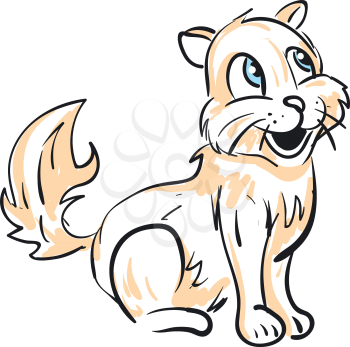 An orange sketch of a laughing cat with a furry tail while in sitting position vector color drawing or illustration 