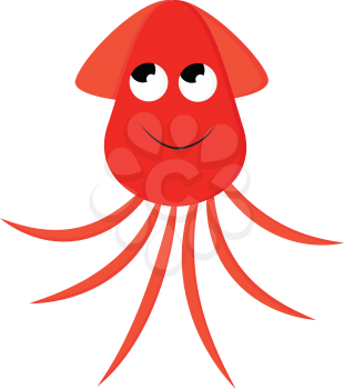 A smiling red-colored cartoon squid wears a red hat with eyes rolled up and trailing tentacles vector color drawing or illustration 