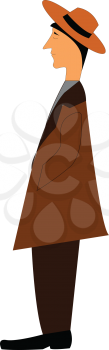 The side view of a man is in brown coat suit and wears a brown hat encompassed with black ribbon at its base has tucked his hands in pockets while standing vector color drawing or illustration 