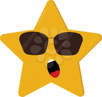 A five-pointed cartoon yellow star wears sunglasses expose white teeth and tongue while dismayed vector color drawing or illustration 